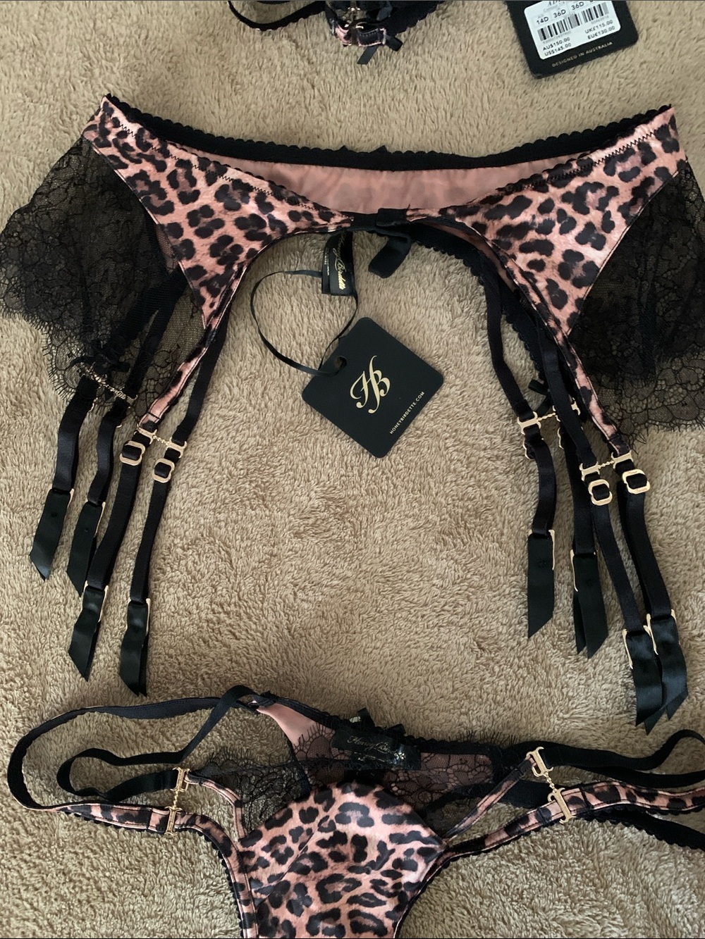 Honey Birdette “Addison” Leopard Black Lace Trim Three-Piece Lingerie Set - Picture 6 of 9